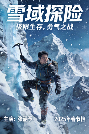 动作冒险电影海报，主角在雪山中探险