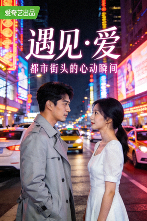 都市爱情电视剧海报，男女主角在繁华街头相遇