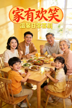 家庭喜剧电视剧海报，一家人围坐在餐桌前欢笑