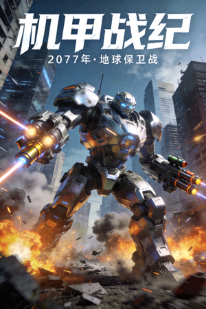 科幻机甲动漫海报，巨型机甲在都市中战斗