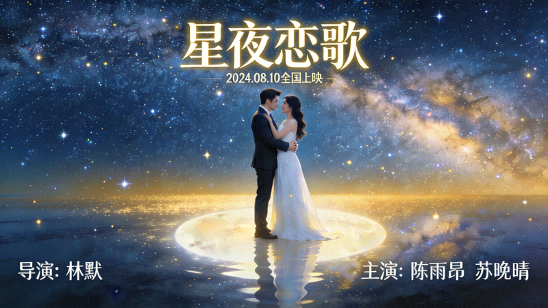 浪漫爱情电影海报，男女主角在星空下相拥